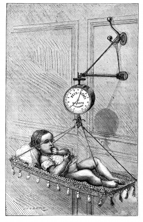  Baby Scale by Dr. Bouchut, vintage engraved illustration. Magasin Pittoresque 1875.の写真素材