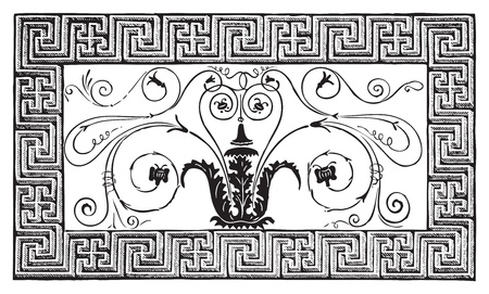 Detail of an ancient Roman mosaic made of a foliated design with volutes, and a border with geometrical patterns. Magazine Le Magasin Pittoresque, Paris, 1840のイラスト素材