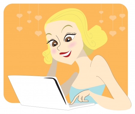 Illustration of a young blonde woman with curly hair chatting on her computer with a loved one, on an orange background with hearts. Great for Saint-Valentine's icon or e-card.のイラスト素材