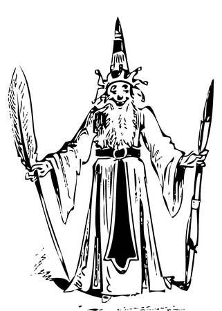 Old engraving of a wizard with a smile on his face, long beard and pointy hat, holding a quill and a wand. From the Almanach comique, pittoresque, drolatique, critique et charivarique pour l'année 1887.のイラスト素材