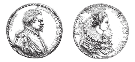 Cabinet of medals from the National Library. Medallion of Jacques Primavera and helena Nisselys, his wife, vintage engraved illustration. Magasin Pittoresque 1875.のイラスト素材