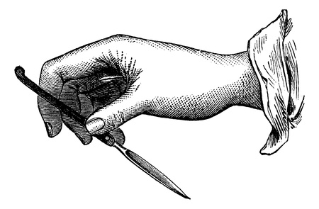 Position of the knife in the single-incision from within outwards, made against us without a driver, vintage engraved illustration. Magasin Pittoresque 1875.のイラスト素材