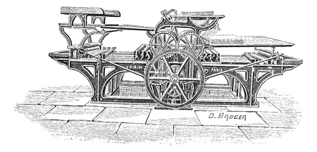 Old engraved illustration of Double printing press, this press can print 1000 papers with both sides printed in an hour. Dictionary of words and things - Larive and Fleury ? 1895のイラスト素材