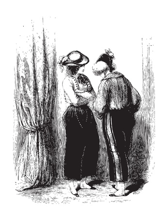 A private conversation of two woman behind a curtain. From the Oeuvres choisies de Gavarni, Paris, 1848 book.のイラスト素材