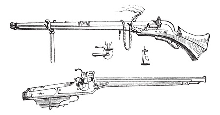 Old engraved illustration of Arquebus or Hook tube or Harquebus or Harkbus with its spinning wheel isolated on a white background. Industrial encyclopedia E.-O. Lami ? 1875.のイラスト素材