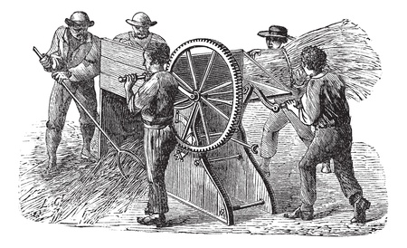 Old engraved illustration of five people using threshing machine also known as thrashing machine in the field. Industrial encyclopedia E.-O. Lami - 1875.  のイラスト素材