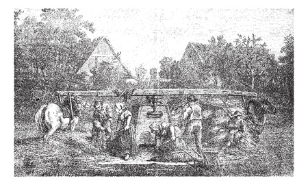 Old engraved illustration of five people making stock ready for threshing machine in the field. Industrial encyclopedia E.-O. Lami - 1875.  のイラスト素材