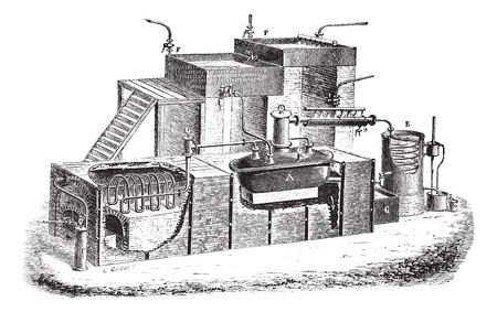 Old engraved illustration of Dutch type water distillation apparatus. Industrial encyclopedia E.-O. Lami - 1875.のイラスト素材