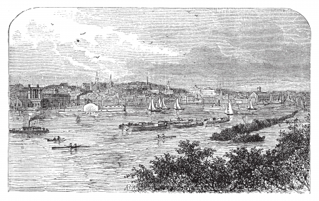 Albany, New York, in 1890. Capital city of New York state. Engraving. Vintage engraved illustration of the famous capital. Lively scenic engraving of the bay.のイラスト素材