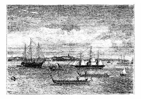 Auckland harbor in the 1890s vintage engraving, New Zealand. Old engraved illustration of Auckland harbor in the 1890s, showing ships.のイラスト素材