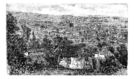 Bogota city, capital of Colombia, vintage engraving in the 1890s, South Ameold engraved illustration. City outskirt view from 1890s.のイラスト素材
