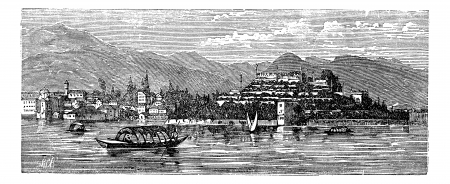 Borromean, Islands on Lake Maggiore,  Italy. Old engraved illustration of Borromean Islands Lake Maggiore,  Italy in the 1890s.のイラスト素材
