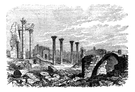 Ruins of Bozrah,  Captial city of Edorn, Jordan, now Bouseira vintage engraving. Old engraved illustration of Ruins of Bozrah,  Jordan, in the 1890sのイラスト素材