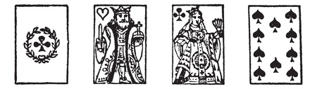 Playing cards or playcards vintage engraving. Old engraved illustration of four different playing cards.のイラスト素材