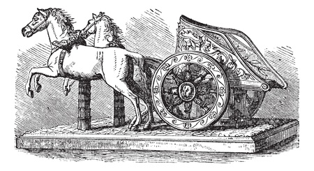 Roman Chariot, vintage engraving. Old engraved illustration of a Roman Chariot pulled by two horses.のイラスト素材