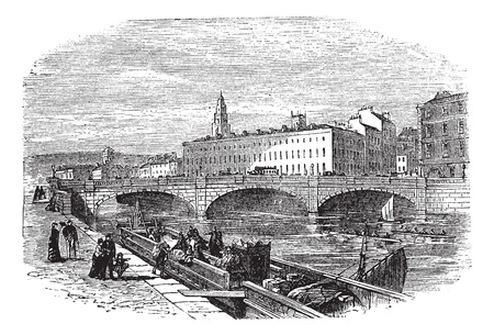 Cork in Munster, Ireland, during the 1890s, vintage engraving. Old engraved illustration of Cork showing Saint Patrick's Bridge and Cork City Hall.のイラスト素材