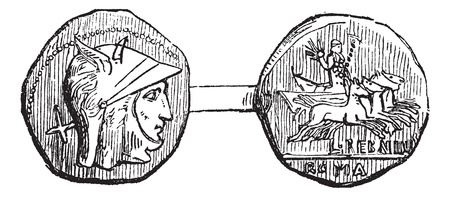Antoninianus or Roman Coin, vintage engraving. Old engraved illustration of an Antoninianus or Roman Coin showing front (head) and rear (tail) sides.のイラスト素材