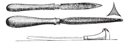 Steel engraving hand tools, vintage engraving. Old engraved illustration of Steel engraving hand tools with different sizes and types, isolated on a white background.のイラスト素材