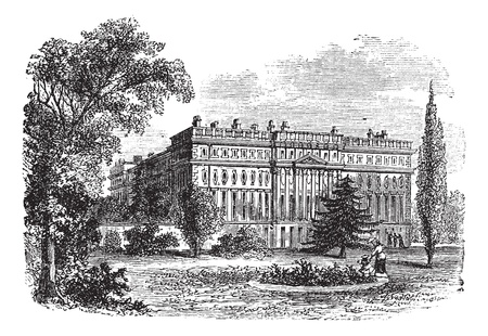 Hampton Court Palace, London, England vintage engraving. Old engraved illustration of Hampton court palace, 1800s.のイラスト素材