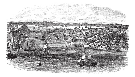 View of havana city, Cuba vintage engraving. Old engraved illustration of havana cityscape and boats at sea during 1890s.のイラスト素材