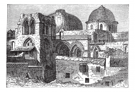 Church of the Holy Sepulchre or Church of the Resurrection in Jerusalem, Israel, during the 1890s, vintage engraving. Old engraved illustration of Church of the Holy Sepulchre.のイラスト素材