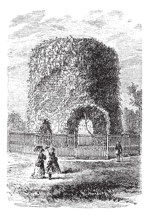 Newport Tower or Round Tower or Touro Tower or Newport Stone Tower or Old Stone Mill, in Rhode Island, USA, vintage engraved illustration. Trousset encyclopedia (1886 - 1891).のイラスト素材