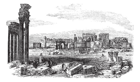 The ruins of Palmyra in Syria, during the 1890s, vintage engraving. Old engraved illustration of the ruins of Palmyra in Syria.のイラスト素材