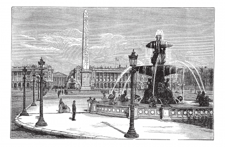 Place de la Concorde in Paris, France, during the 1890s, vintage engraving. Old engraved illustration of Place de la Concorde with running fountains and people around.のイラスト素材