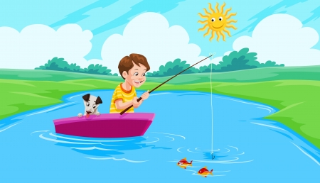 Lake Fishing, Boy and Dog on a Boat, vector illustrationのイラスト素材