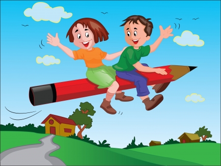 School Kids Riding a Giant Pencil, vector illustrationのイラスト素材