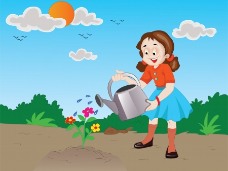 Girl Watering Newly-planted Flowers, vector illustrationのイラスト素材
