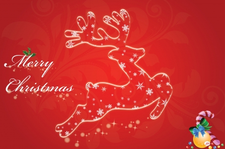 Merry Christmas in red background with reindeer, balls, candy cane, ribbon, and snowflakes or stars, vector illustrationのイラスト素材