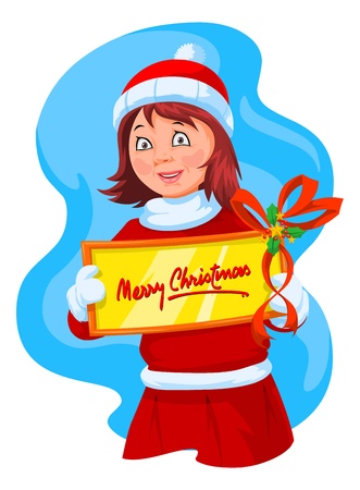Merry Christmas greeting, young woman dressed as a Santa, holding a sign with ribbon, vector illustrationのイラスト素材