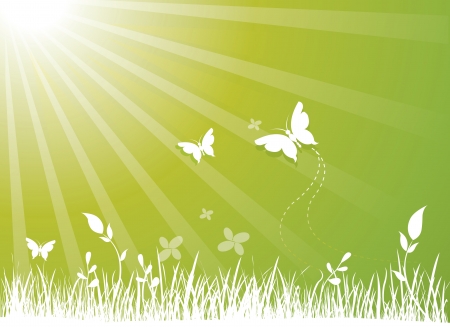 Environment, green background with grass, flowers, butterflies and sunshine, vector illustrationのイラスト素材