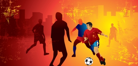 Soccer, players in a field amidst the city, vector illustrationのイラスト素材