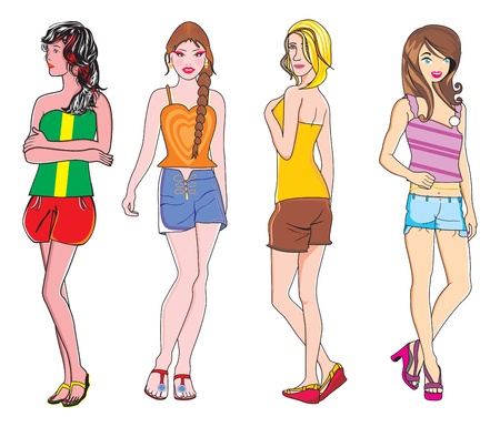 Girls in Summer Fashion, Posing in Colorful Outfits, vector illustrationのイラスト素材