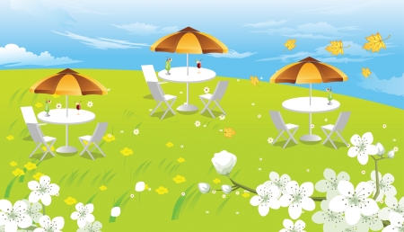 Hilltop Picnic, with White Flowers, View of the Clouds, Maple Leaves, vector illustrationのイラスト素材