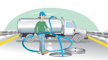 Water Dumping, Open Manhole, Man with a Hose, Truck in Background, vector illustrationのイラスト素材