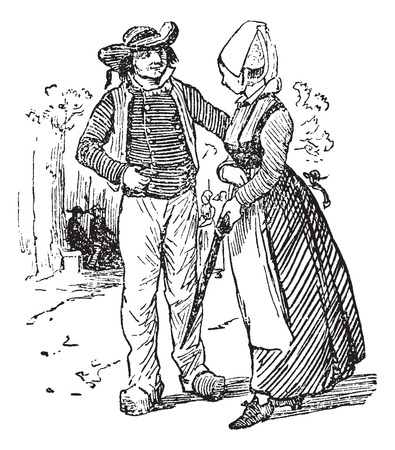 Peasants of Brittany, vintage engraved illustration. Journal des Voyages, Travel Journal, (1879-80).のイラスト素材