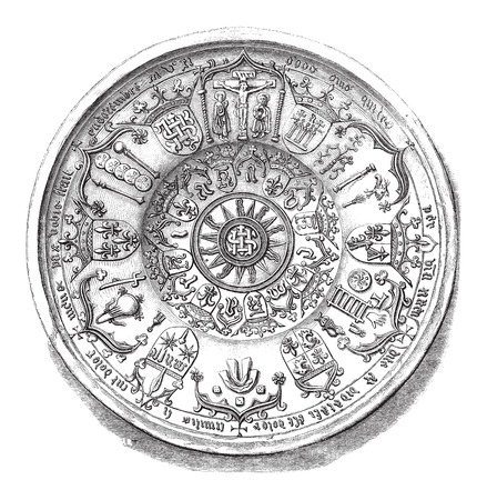 Earthenware Dish with Christian design, during the 15th century, displayed at the National Library in Paris, France, vintage engraved illustration. Le Magasin Pittoresque - Larive and Fleury - 1874のイラスト素材
