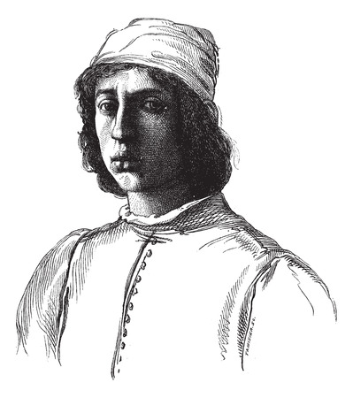 Uffizi Gallery in Florence. - Portrait painted by Filippino Lippi himself. - Drawing Chevignard, vintage engraved illustration. Magasin Pittoresque 1874.のイラスト素材