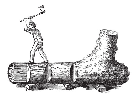 How a Tree is Made into Lumber - lumberjack cutting a tree trunk into rectangular sections, vintage engraved illustration. Le Magasin Pittoresque - Larive and Fleury - 1874のイラスト素材