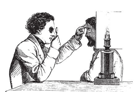 The merits of the eye, the image reversed, using a simple hand ophthalmoscope, vintage engraved illustration. Usual Medicine Dictionary - Paul Labarthe - 1885.のイラスト素材