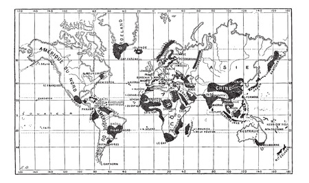 Map of the Geographical Occurence of Leprosy, vintage engraved illustration. Dictionary of Words and Things - Larive and Fleury - 1895のイラスト素材