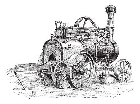 Agricultural Traction Engine, shown being used to burn straw, vintage engraved illustration. Dictionary of Words and Things - Larive and Fleury - 1895のイラスト素材