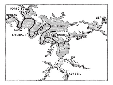 Map of great rivers in Paris, vintage engraved illustration. Dictionary of words and things - Larive...
