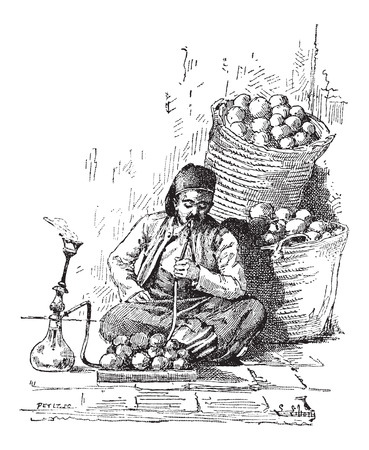 Hookah, shown is a man smoking a hookah, vintage engraved illustration. Dictionary of Words and Things - Larive and Fleury - 1895のイラスト素材