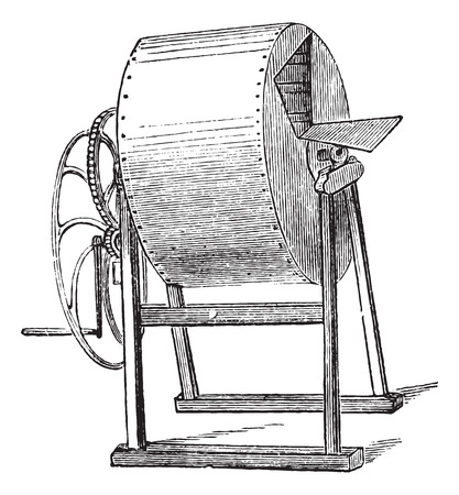 Old engraved illustration of wheel washing-machine which operates by hands onlyのイラスト素材