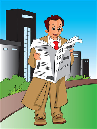 Vector illustration of businessman reading newspapers in front of city buildings.のイラスト素材