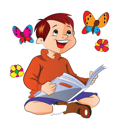 Boy Reading a Book About Flowers and Butterflies, illustrationのイラスト素材